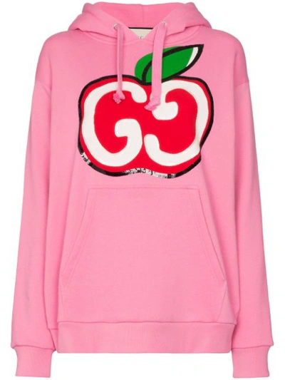 Shop Gucci Gg Apple Logo Sequinned Hoodie In Pink