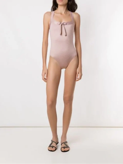 Shop Amir Slama Front Tie Detail Ribbed Swimsuit In Gold
