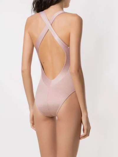 Shop Amir Slama Front Tie Detail Ribbed Swimsuit In Gold