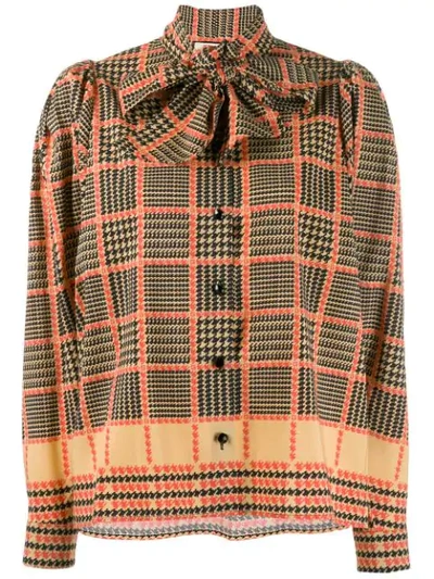 Shop Gucci Pussy Bow Check Print Blouse In Neutrals