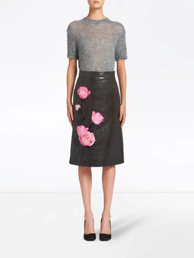 Shop Prada Floral-print High-waisted Skirt In Black