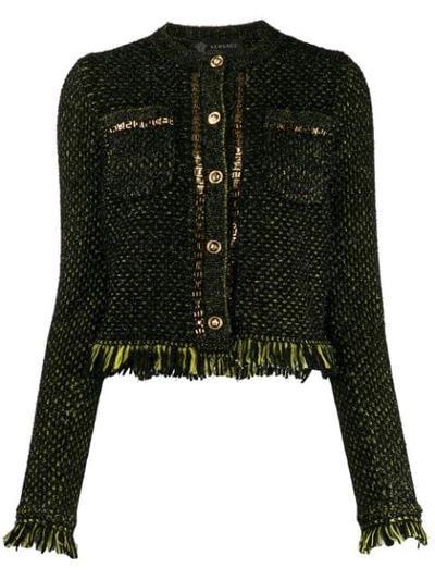 Shop Versace Fringe-trimmed Knitted Jacket In Black