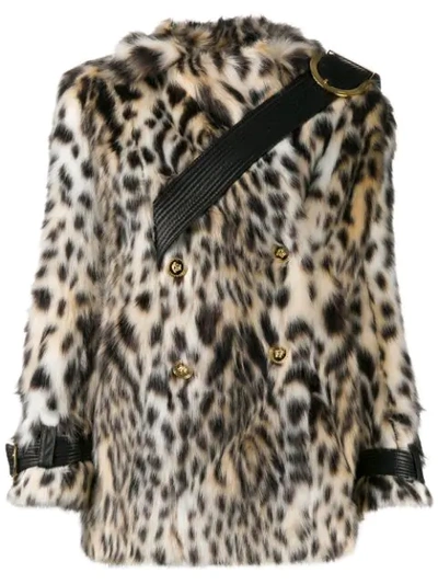 Shop Versace Double-breasted Leopard Print Faux-fur Coat In White