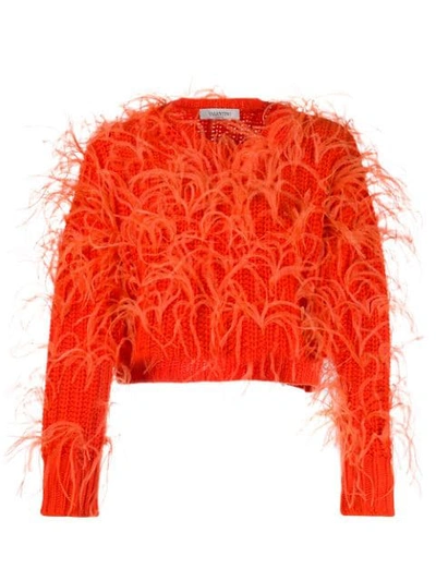Shop Valentino Feathered Crop Jumper In Orange