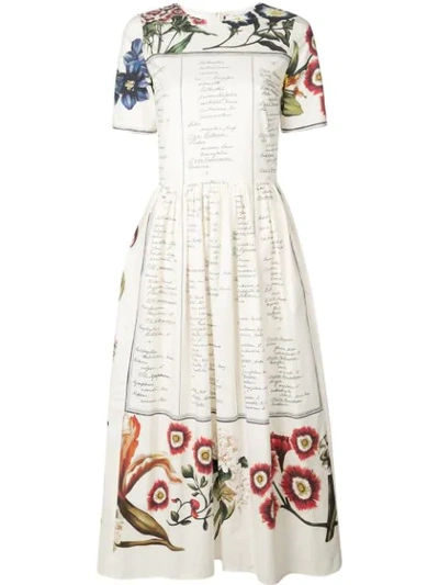 Shop Oscar De La Renta Floral Script Print Dress In White ,multicolour