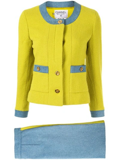 Pre-owned Chanel Woven Denim Skirt Suit In Yellow