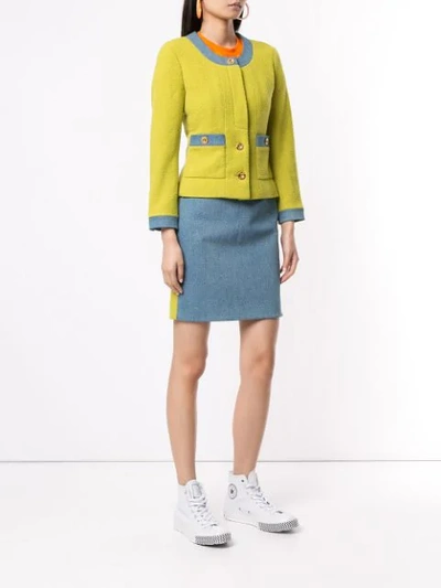 Pre-owned Chanel Woven Denim Skirt Suit In Yellow