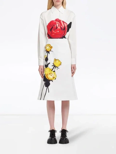 Shop Prada Rose Print Poplin Skirt In White