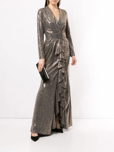 Shop Badgley Mischka Sequin-embellished Ruffled Gown In Gold