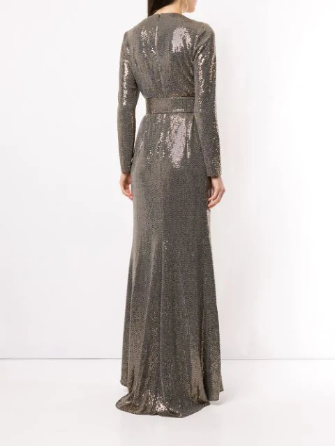 Badgley Mischka Sequin Long-sleeve Belted Gown With Cascading Ruffle In Gold | ModeSens