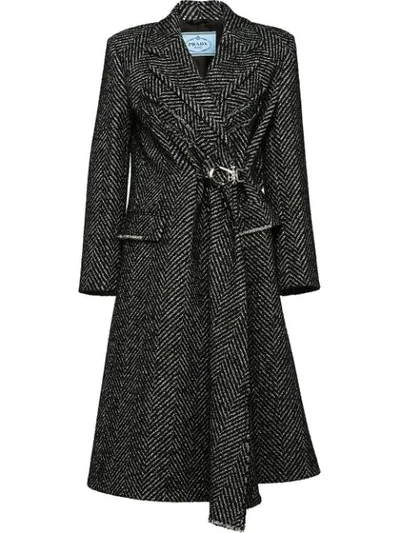 Shop Prada Herringbone Weave Belted Coat In F0002 Black