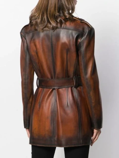 Shop Versace Belted Distressed-leather Coat In Brown