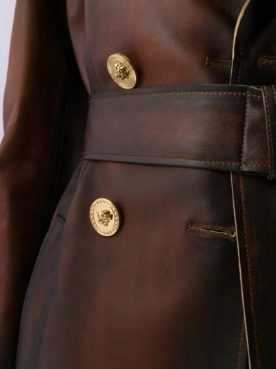 Shop Versace Belted Distressed-leather Coat In Brown