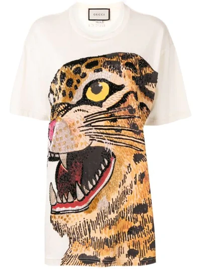 Shop Gucci Feline Print Oversized T-shirt In Neutrals