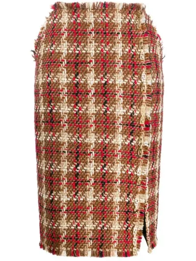 Shop Versace Tweed Side Slit Skirt In Brown