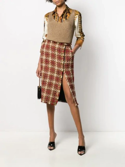 Shop Versace Tweed Side Slit Skirt In Brown