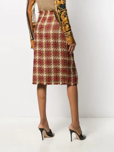 Shop Versace Tweed Side Slit Skirt In Brown