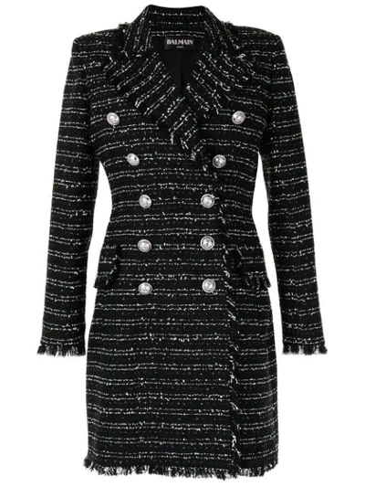 Shop Balmain Double-breasted Tweed Coat In Black