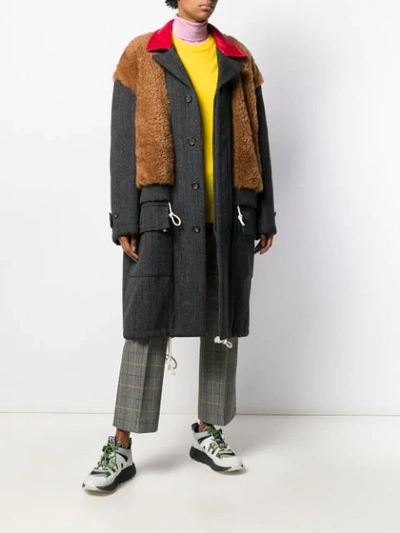 Shop Plan C Shearling Panel Coat In Grey