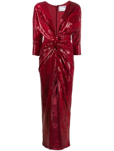 Shop In The Mood For Love Oscar Knotted Sequin-embellished Gown In Red