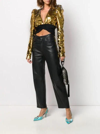 Shop Amen Sequin Plunge Crop Top In Gold