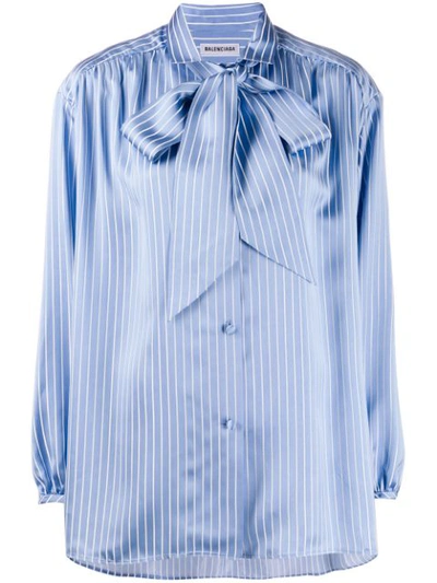 Shop Balenciaga Striped Pussy Bow Blouse In Blue