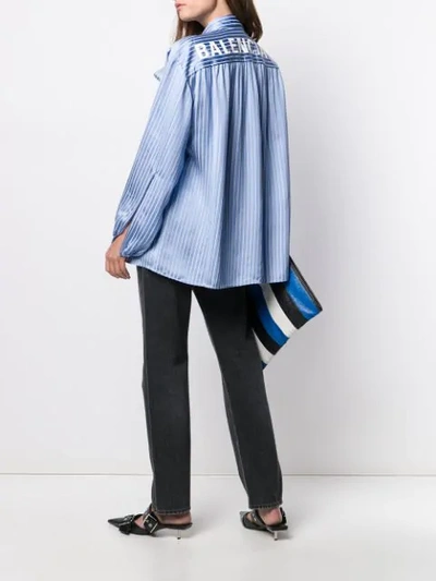 Shop Balenciaga Striped Pussy Bow Blouse In Blue