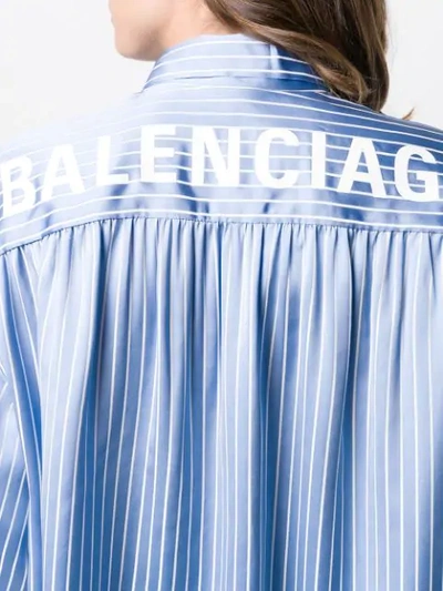 Shop Balenciaga Striped Pussy Bow Blouse In Blue