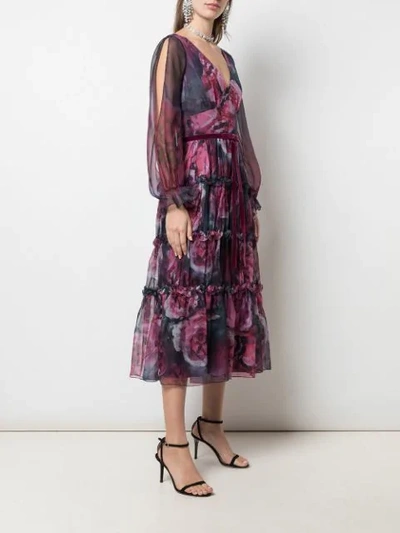 Shop Marchesa Notte Floral-print Slit-sleeves Dress In Purple