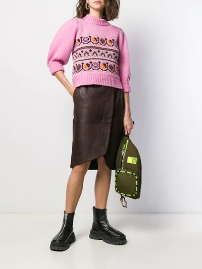 Shop Ganni Jacquard Knit Puff Sleeve Jumper In Pink