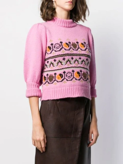 Shop Ganni Jacquard Knit Puff Sleeve Jumper In Pink