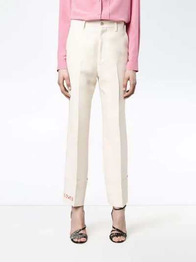Shop Gucci Loved Embroidered Straight-leg Trousers In Neutrals