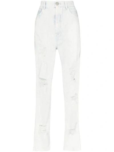 Shop Balmain High-waisted Distressed Straight-leg Jeans In Neutrals