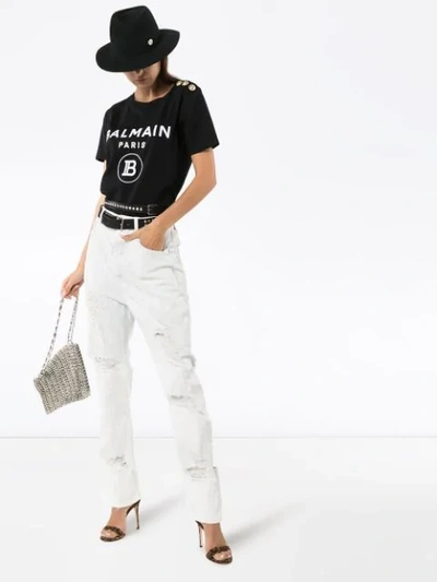 Shop Balmain High-waisted Distressed Straight-leg Jeans In Neutrals