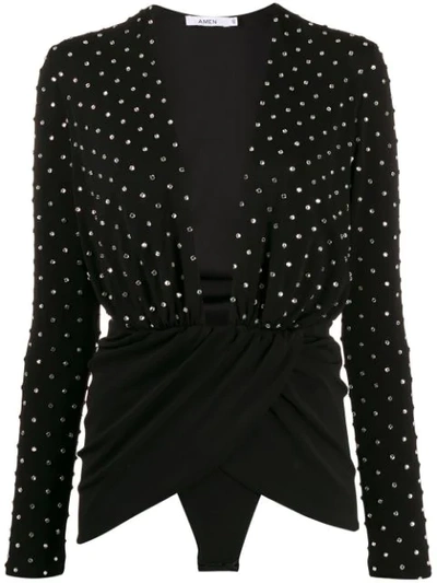 Shop Amen Crystal-embellished Wrap-effect Top In Black