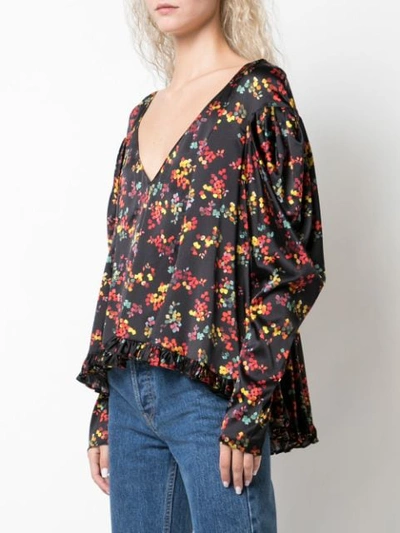 Shop Caroline Constas Floral Low Neck Silk Blouse In Black