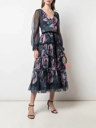 Shop Marchesa Notte Floral-print Slit-sleeves Dress In Black