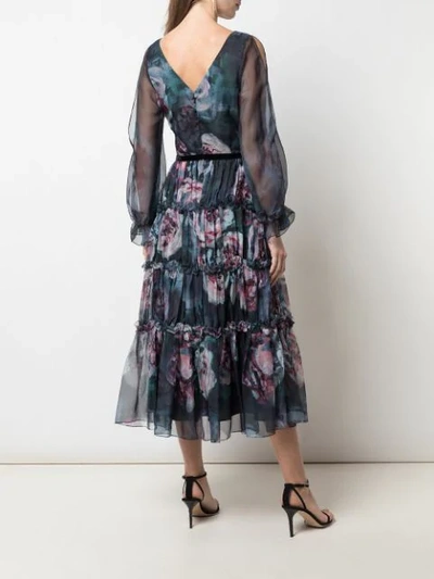 Shop Marchesa Notte Floral-print Slit-sleeves Dress In Black