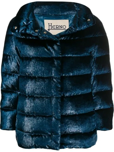 Shop Herno Velvet Effect Puffer Jacket In Blue