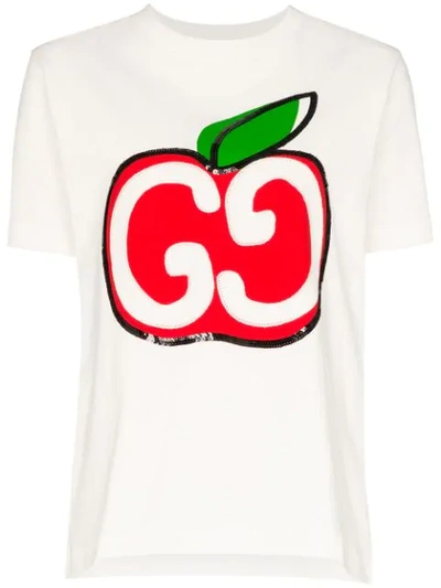 Shop Gucci Apple Logo Sequinned T-shirt In White