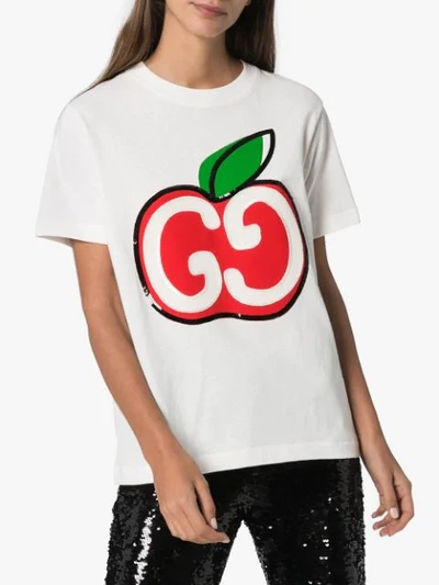 Shop Gucci Apple Logo Sequinned T-shirt In White