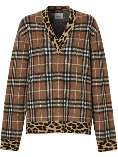 Shop Burberry Vintage Check Leopard-trimmed Sweater In Neutrals