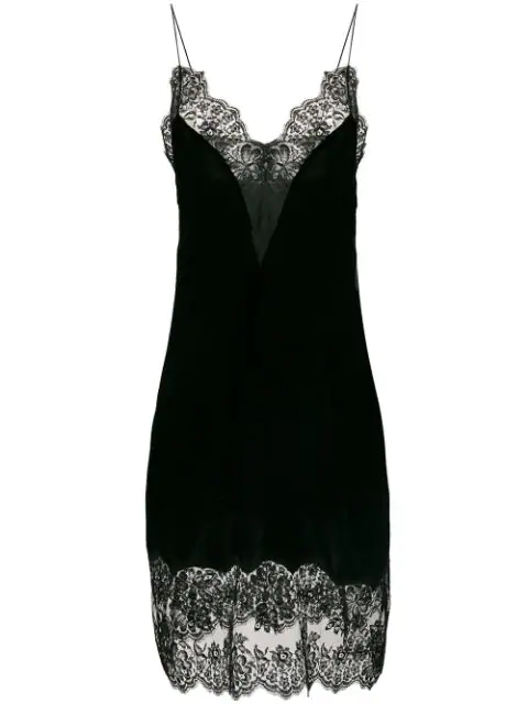 black slip dress with lace trim
