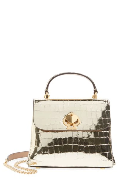Shop Kate Spade Romy Metallic Croc-embossed Leather Top Handle Bag In Gold