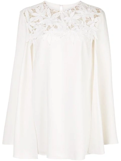 Shop Oscar De La Renta Cape Sleeve Embroidered Blouse In White
