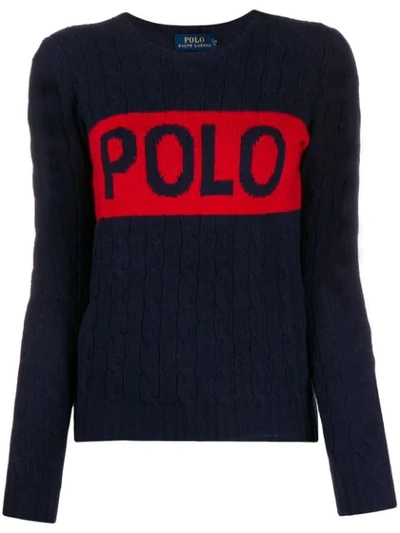 Shop Polo Ralph Lauren Logo Print Cable Knit Jumper In Blue