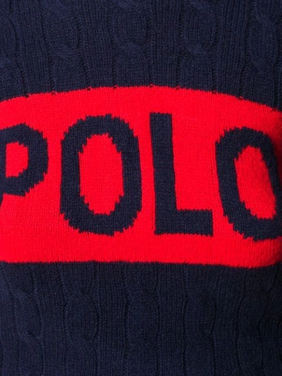 Shop Polo Ralph Lauren Logo Print Cable Knit Jumper In Blue