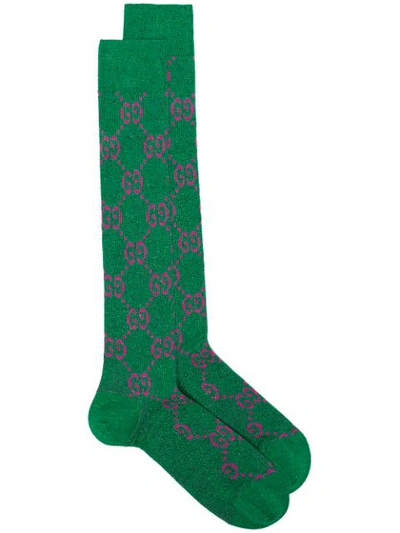 Shop Gucci Gg Supreme Intarsia Lurex Socks In Green
