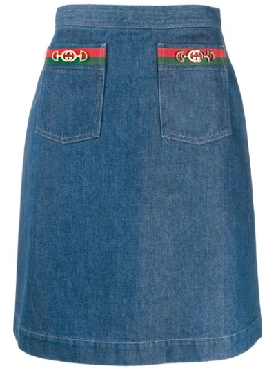 Shop Gucci Web Double Pocket Denim Skirt In 4161 Blue Green Red