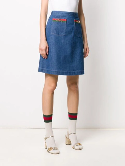 Shop Gucci Web Double Pocket Denim Skirt In 4161 Blue Green Red
